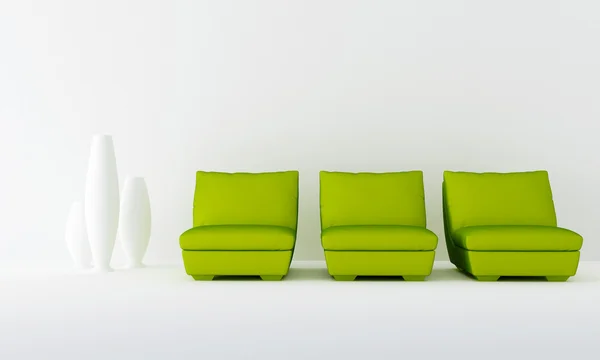 Três Assentos Verdes Sala Espera Luminosa Branca — Fotografia de Stock