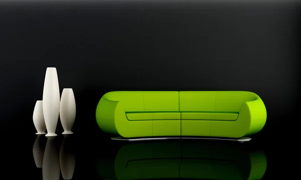 在黑暗的房间中现代风格绿色沙发 — 图库照片