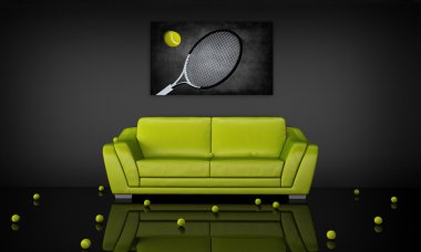 Green leather sofa in tennis theme interior clipart