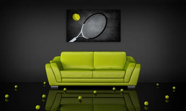 テニスのテーマのインテリアで緑の革のソファ — ストック写真