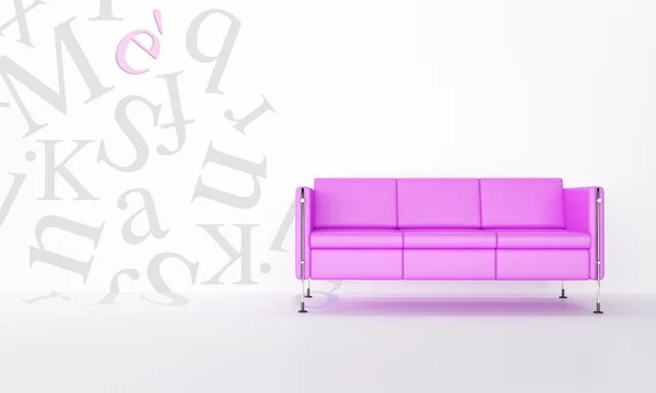 Roze Moderne Bank Goed Verlichte Kamer Whit Decoratieve Letters Muur — Stockfoto