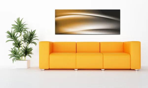 Sofá Moderno Laranja Sala Luminosa Whit Planta Painel Lona Decorativa — Fotografia de Stock