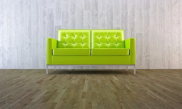 Sofá Moderno Verde Quarto Mínimo Com Parquet Parede Concreto — Fotografia de Stock
