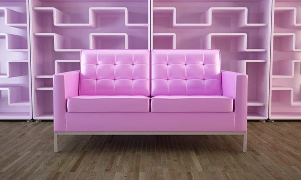 Růžový gauč a knihovna — Stock fotografie