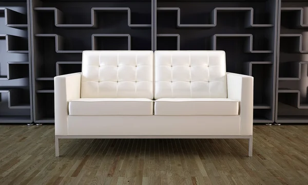 Fehér kanapé és fekete könyvespolc — Stock Fotó