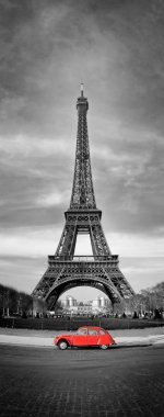 Eiffel Tower and old red car -Paris clipart