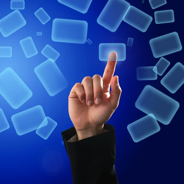 Finger pushing a virtual button on a touch screen — Stock Photo, Image