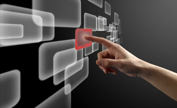 Finger pushing a virtual button on a touch screen interface — Stock Photo, Image