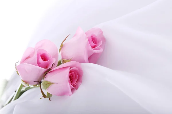 Ροζ τριαντάφυλλα σε ένα λευκό μετάξι — Φωτογραφία Αρχείου