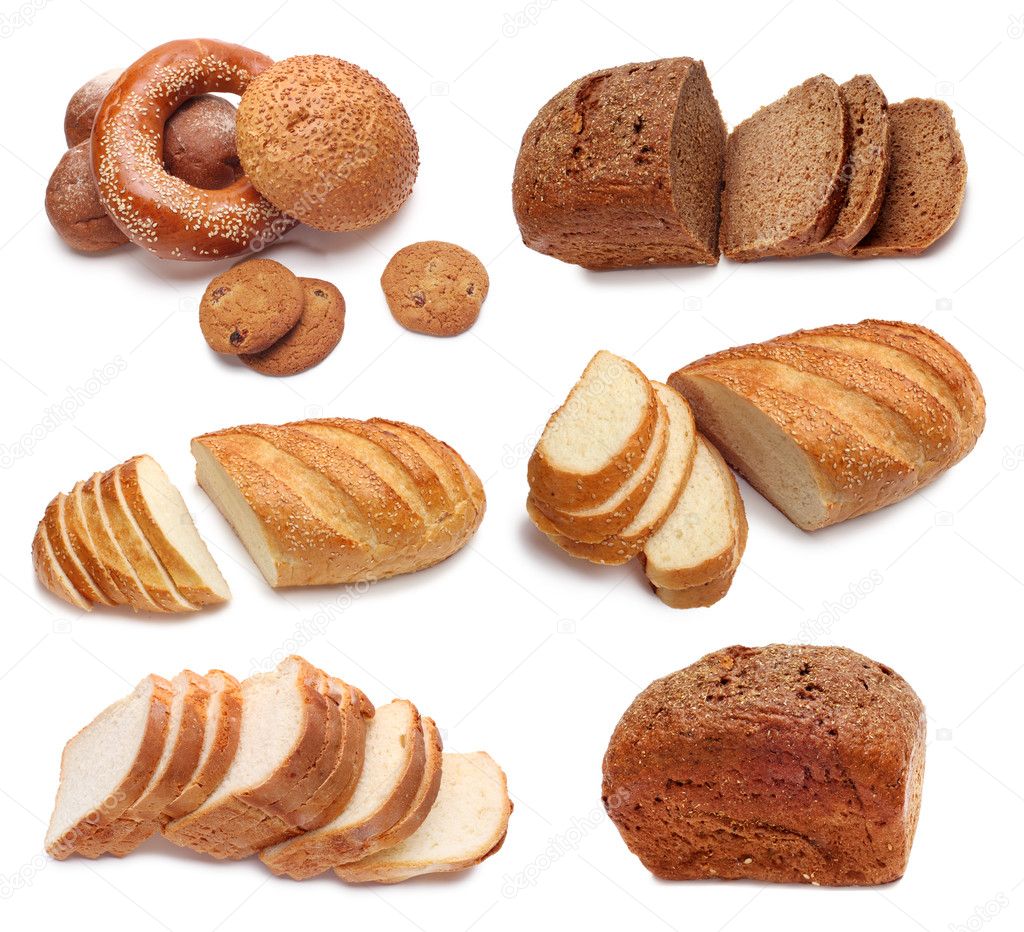 Assortment of baked bread isolated on white