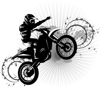 A silhouette of a motorcycle racer commits high jump; clipart