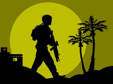 Soldier goes on a night reconnaissance in the desert; clipart