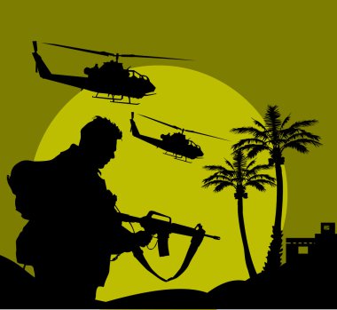 Soldier goes on a night reconnaissance in the desert; clipart