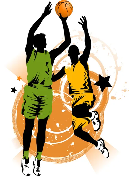 バスケットボールリングの背景にバスケットボールの選手 — ストック写真