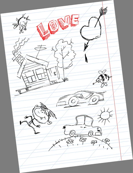 小房子和一辆车在笔记本工作表上绘制 — 图库照片