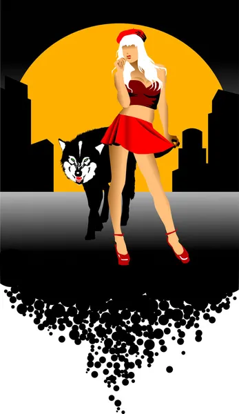 Vlk a dívka v červené barvě — Stock fotografie