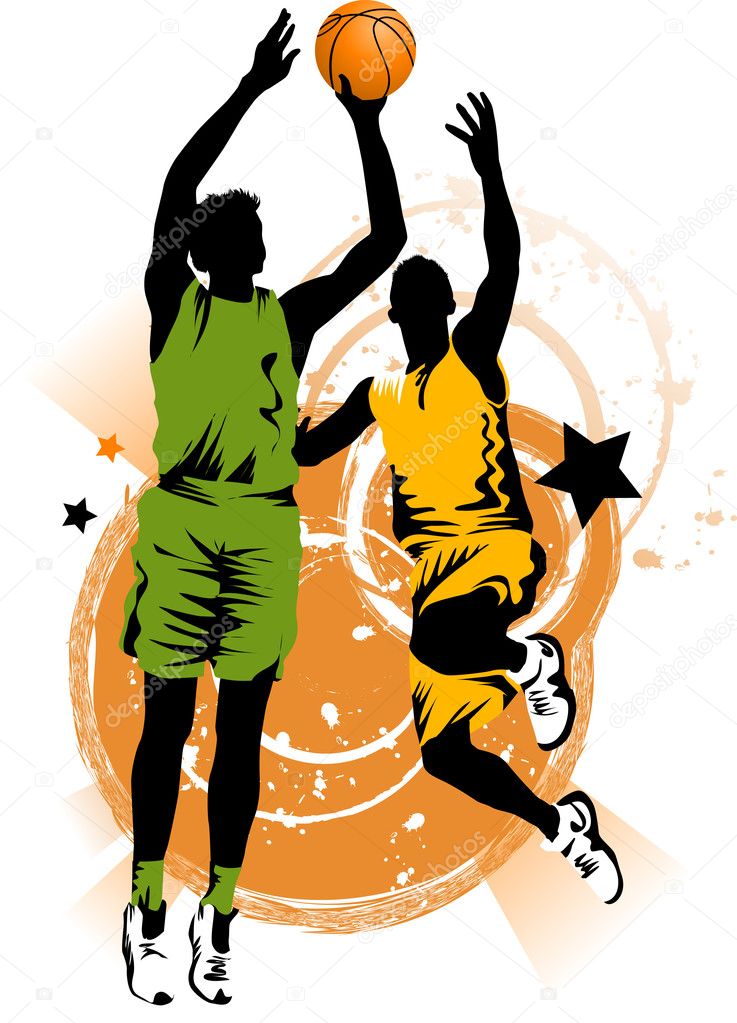 Player in basketball at the background of basketball rings);