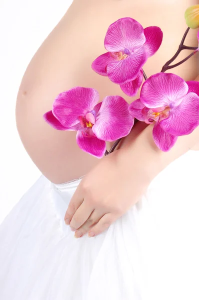 Όμορφη έγκυο κοιλιά με ορχιδέα λουλούδι — Φωτογραφία Αρχείου