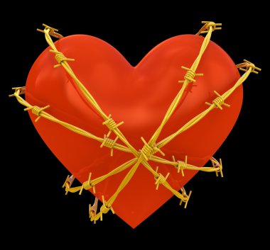 Heart shape wrapped with golden barbed wire isolated on black clipart