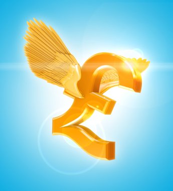 Flying Golden Pound sterling currency sign with wings clipart