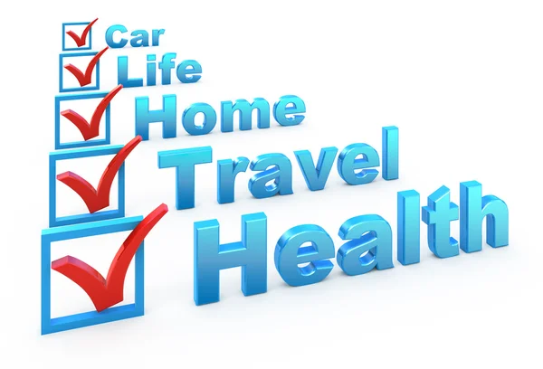 Egészségügyi biztosítás, utazási biztosítás, lakásbiztosítás, életbiztosítás, autó modulok — Stock Fotó