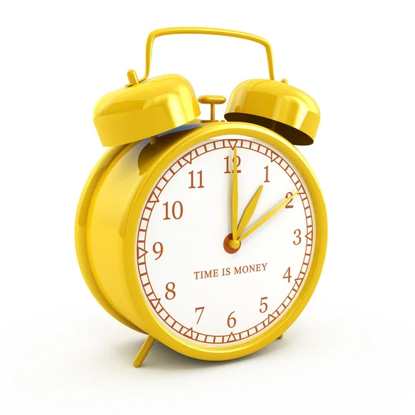 Relógio Alarme Estilo Retro Dourado Com Tempo Sinal Dinheiro Isolado — Fotografia de Stock