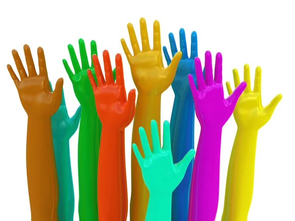 Ψηφοφορίας έννοια πολύχρωμα χέρια απομονωθεί σε λευκό — Φωτογραφία Αρχείου