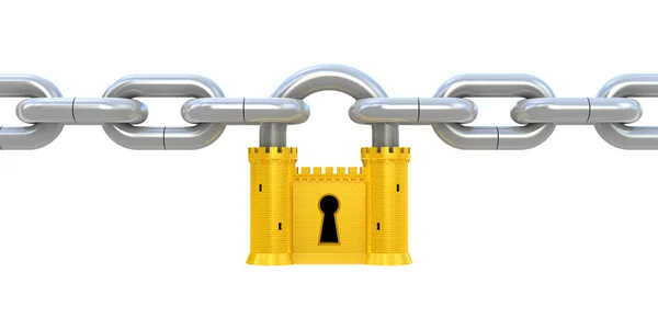 Security Concept Padlock Fortress Chain Isolated White — Stock Photo, Image
