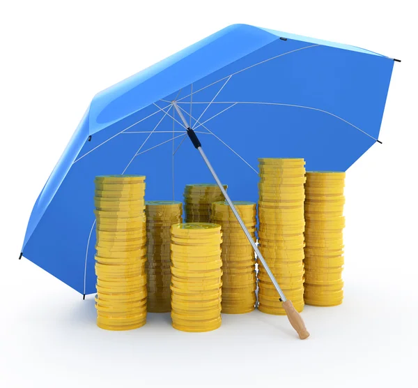 堆硬币在伞下 孤立在白色的保险概念 — 图库照片