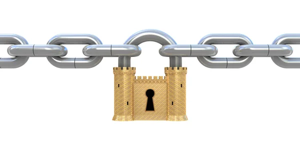 安全的概念 作为堡垒和链上白色隔离挂锁 — 图库照片