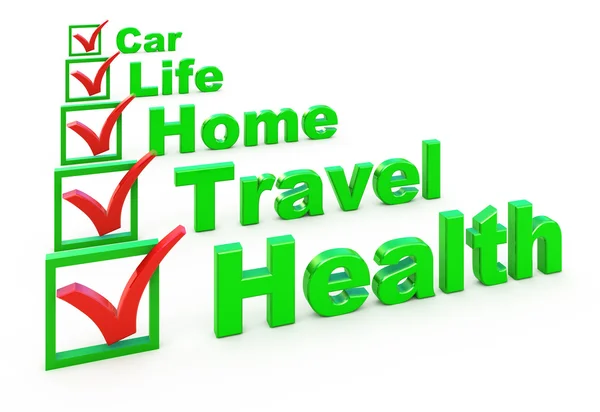 Ziektekostenverzekering, reisverzekering, huis verzekering, leven verzekeringen, auto ins — Stockfoto