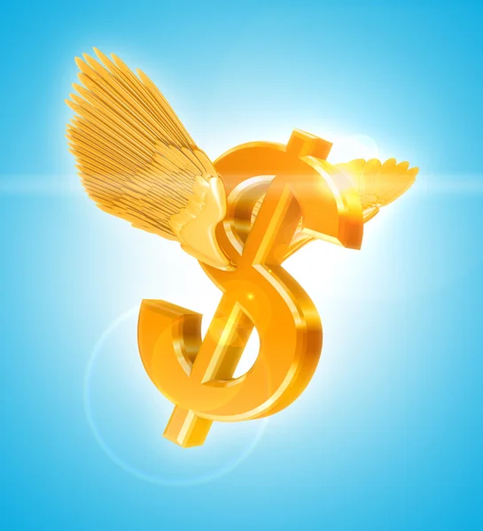 带翅膀的飞行黄金美元货币符号 — 图库照片