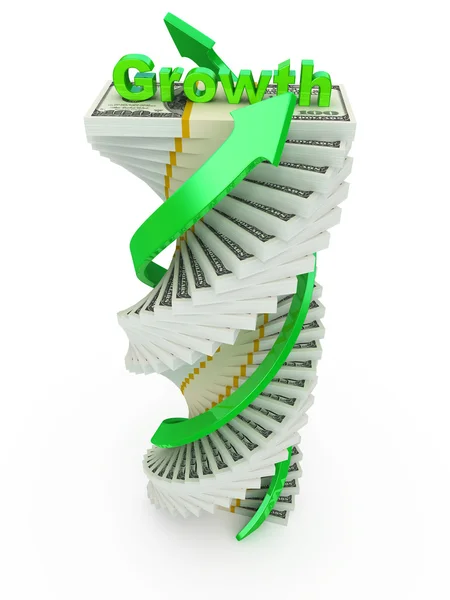 Inkomstbegrepp tillväxt. spiral dollarn stack med pilar isolerad på vit — Stockfoto