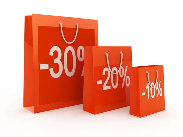 ショッピングの割引の概念。白で隔離される赤いバッグ — ストック写真
