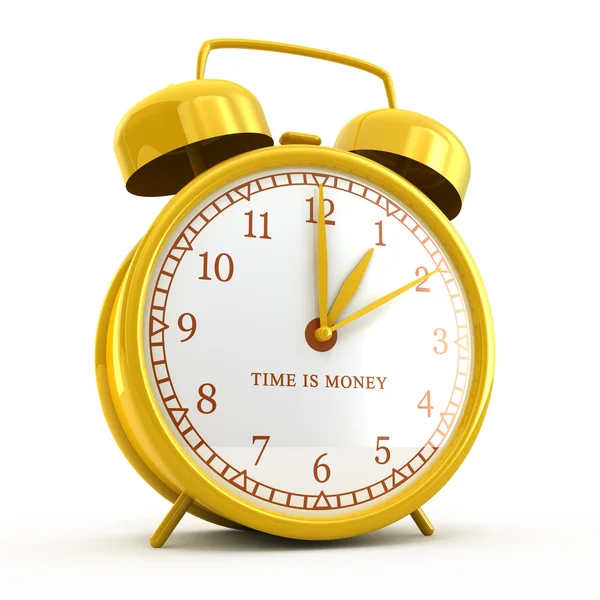 Relógio de alarme dourado com o tempo é sinal de dinheiro isolado no branco — Fotografia de Stock