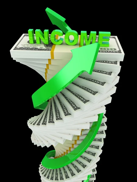Concepto de crecimiento de ingresos. Pila de dólar espiral con flechas aisladas en negro — Foto de Stock