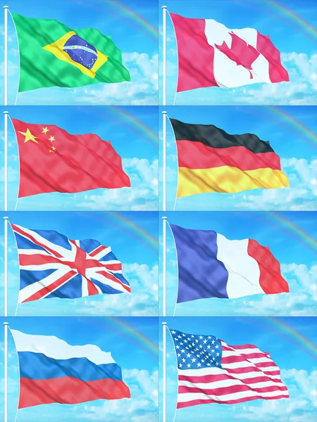 Флаги 8 стран на фоне неба — стоковое фото
