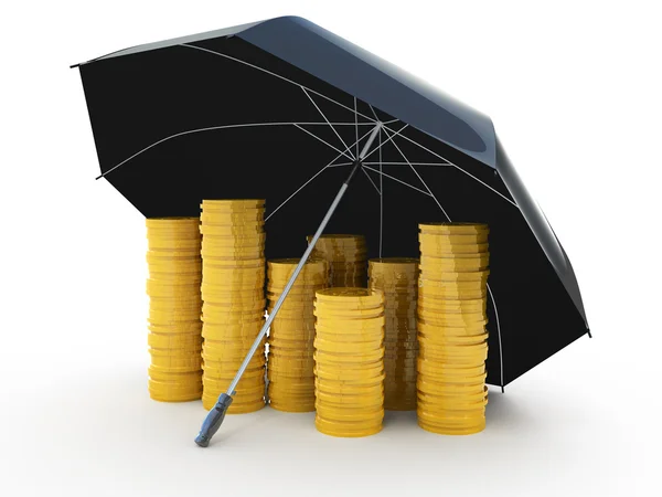 Stapels van gouden munten onder een paraplu geïsoleerd op wit — Stockfoto
