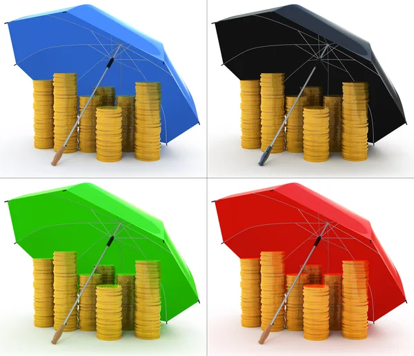 Σωρούς από χρυσά νομίσματα κάτω από μια ομπρέλα που απομονώνονται σε λευκό 4 χρώματα σύνολο — Φωτογραφία Αρχείου