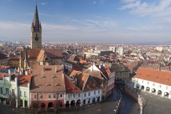 Aerial view of cityscape Sibiu town in Transylvania with Lutheran cathedral church and urban square
