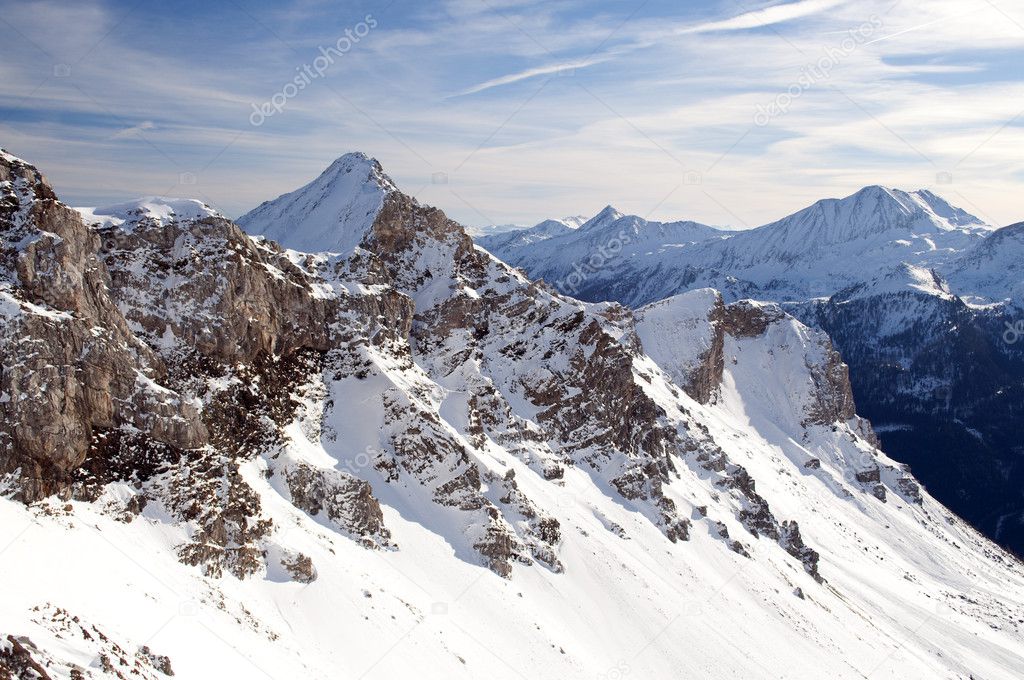 High mountain in Austrian Alps in winter in remote area no signs of human presence