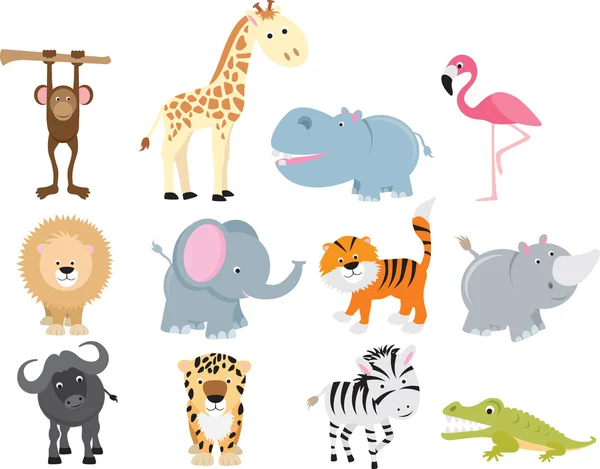 可爱的野生动物园动物卡通套 — 图库矢量图片