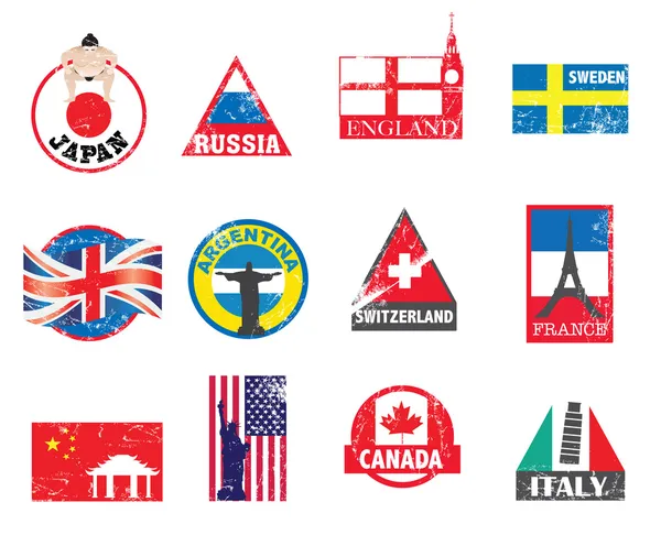 World flags and symbol sticker set — Stock Vector