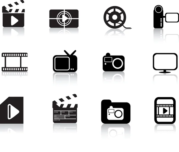 モダンなシルエットの黒の写真のアイコンを設定 ビデオ およびマルチ メディアのシンボル — ストックベクタ