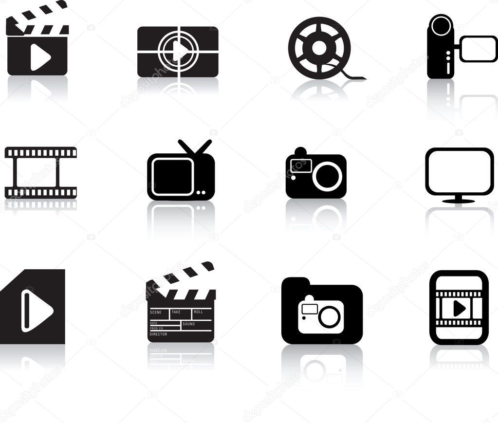 Modern silhouette black icon set of photo, video and multimedia symbols