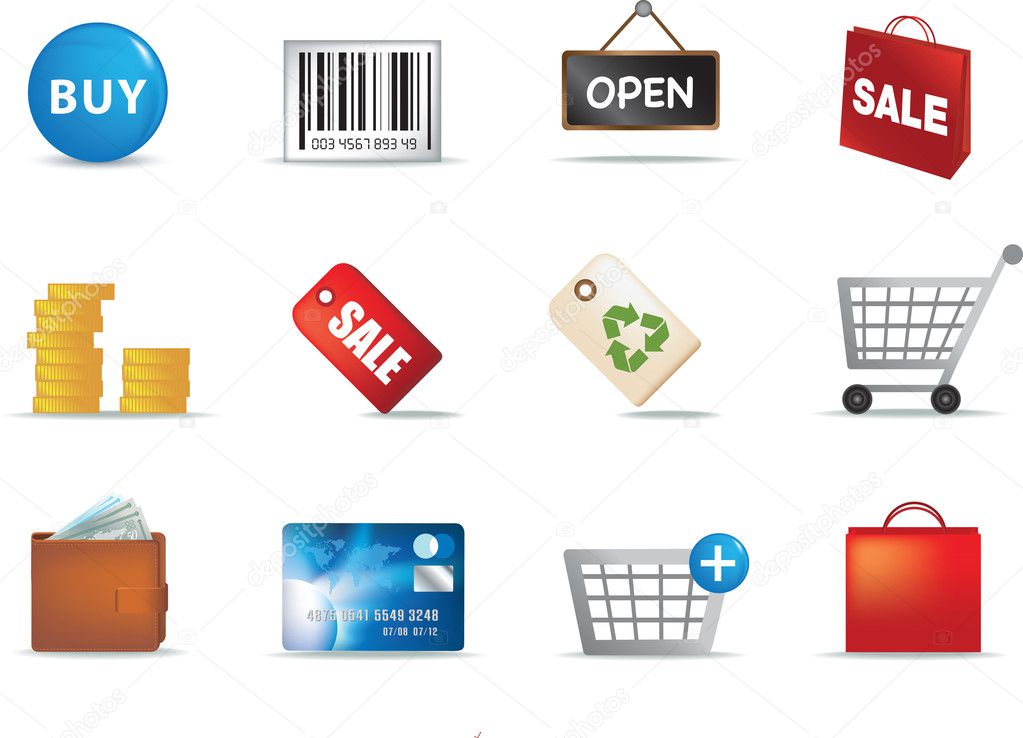 Colour illustration of a set of modern retail shopping icons