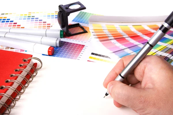 Graphic Design Coloured Swatches Pens Desk — Stock Photo, Image