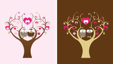 2 owls sit in a love tree, 2 colour options clipart