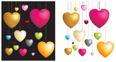 Illustration on white and black of love hearts dangling on strings clipart