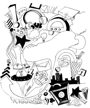 Hand drawn urban music and background elements clipart